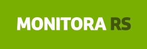 Imagem com fundo verde retangular. No centro, está escrito 'MONITORA RS', com 'MONITORA' em branco e 'RS' em verde escuro