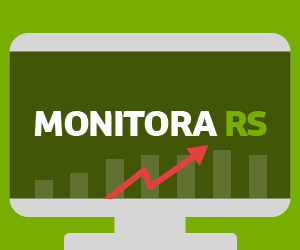 Tela de computador exibindo o texto 'MONITORA RS', com uma seta vermelha apontando para cima e um gráfico de barras ao fundo, simbolizando crescimento ou progresso.